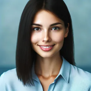 A woman in a blue shirt is smiling.