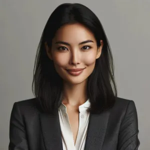 A woman in a business suit posing for a picture.